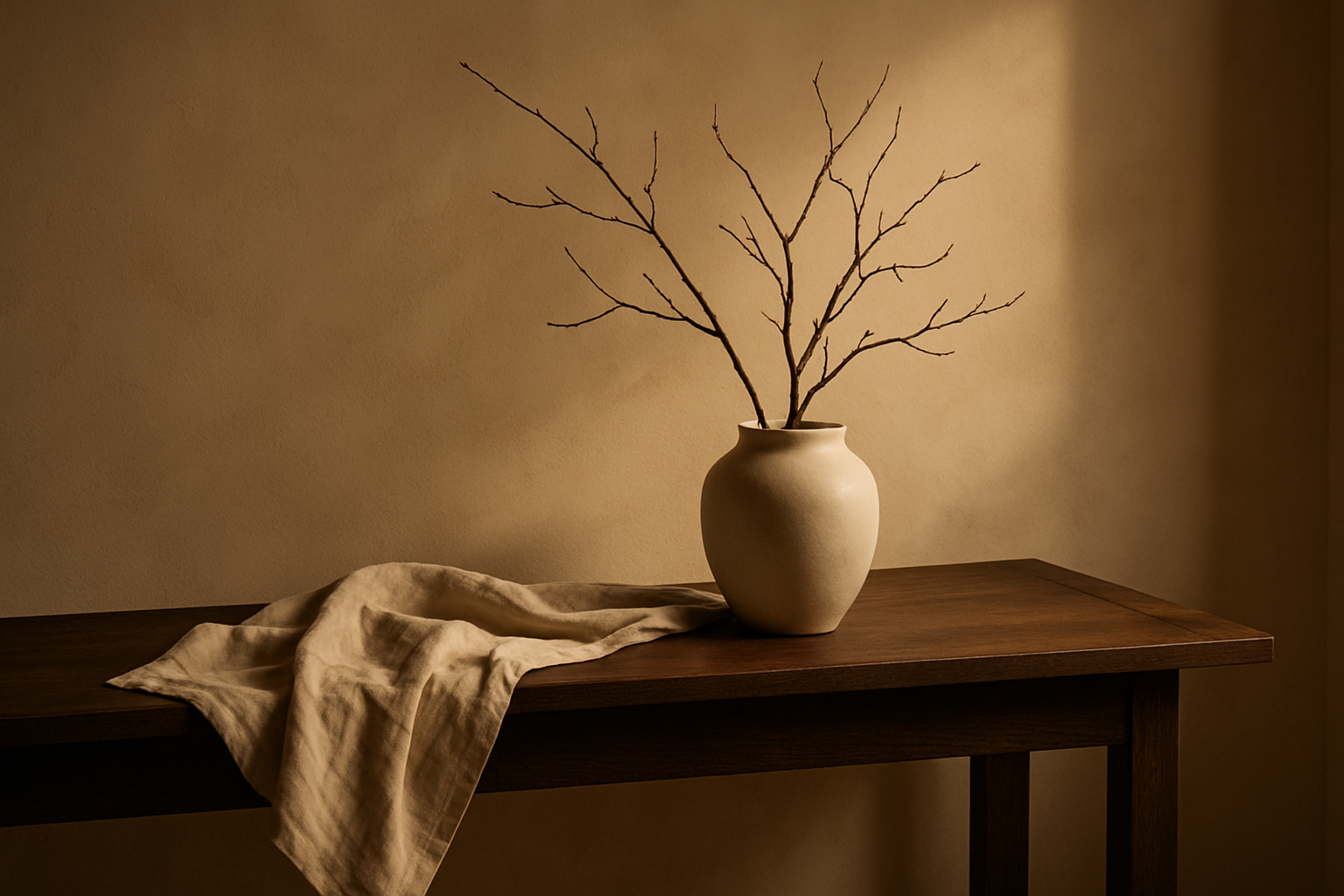 Vorschlag für dein Interior Hero nach der CI-Sektion:
	•	Materialien: dunkler Holztisch oder Konsole, Leinentuch in Beige oder Grau, Keramikvase oder Schale.
	•	Details: kahler Winterzweig, dezentes Styling (kein Overload).
	•	Licht: warmes, gedämpftes Winterlicht (später Nachmittag, golden aber nicht grell).
	•	Farben: dunkles Holz, Naturtöne (Beige, Grau, Schwarz), weiche Schatten.
	•	Stimmung: cozy, ruhig, luxuriös – genau wie ein Editorial für Interior Design.

⸻
